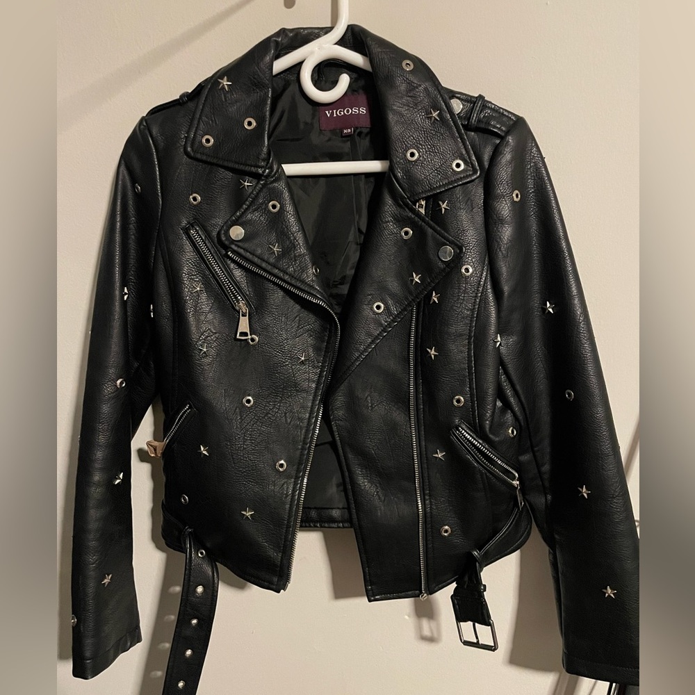 Faux leather jacket with silver star grommets